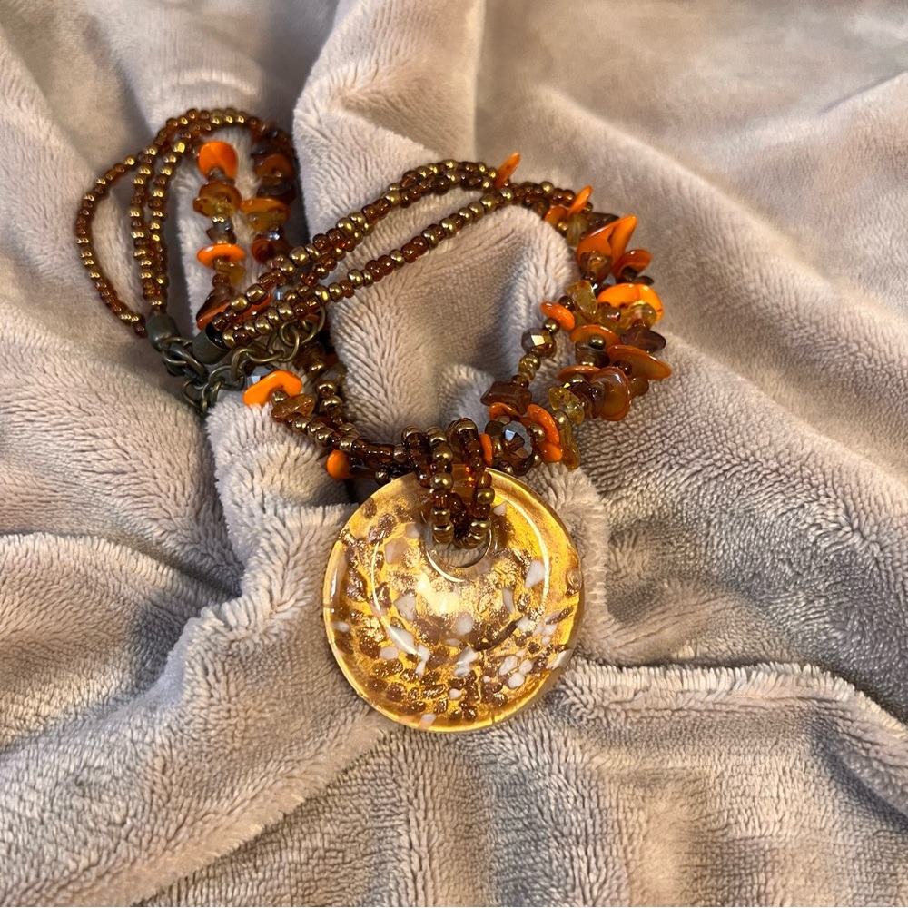 VINTAGE Orange Beaded Statement Necklace with a Large Chunky Glass Pendant